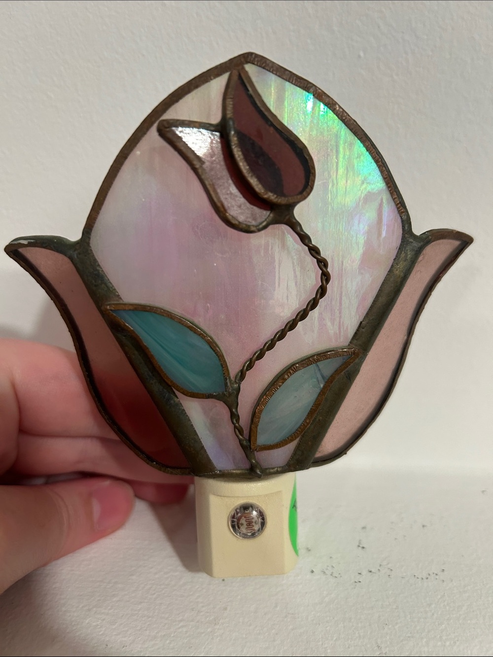 Stained Glass Tulip Plug-In Night Light - Pink and Teal Floral
